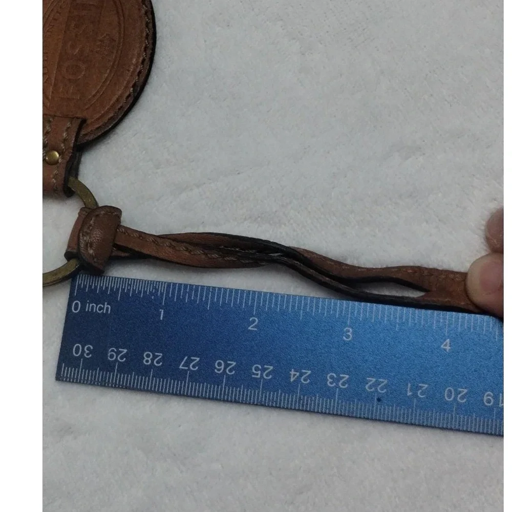 Fossil Brown Leather Oval‎ Logo Fob Brass Skeleton Key Bag Charm Keychain